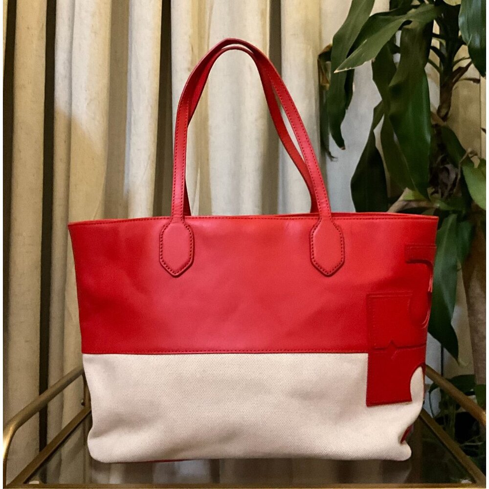 ♦️♦️ AUTHENTIC TORY BURCH RED AND CANVAS SHOULDER BAG/TOTE ♦️♦️ - Picture 3 of 8